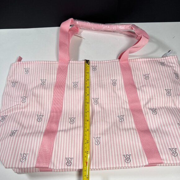 Victoria Secret Heritage Pink Stripe Weekender Bag Tote Zipper Rhinestone Logo - Picture 10 of 11